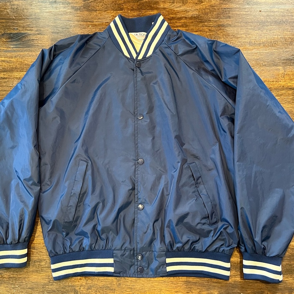 Vintage Action Navy Nylon Jacket Large 42-44 Windbreaker Lined Snap 80’s Varsity